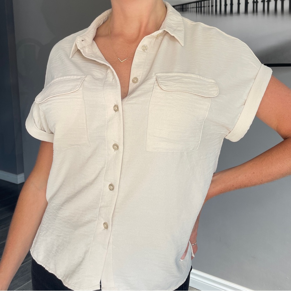 Cream Short Sleeve Button-Down Shirt